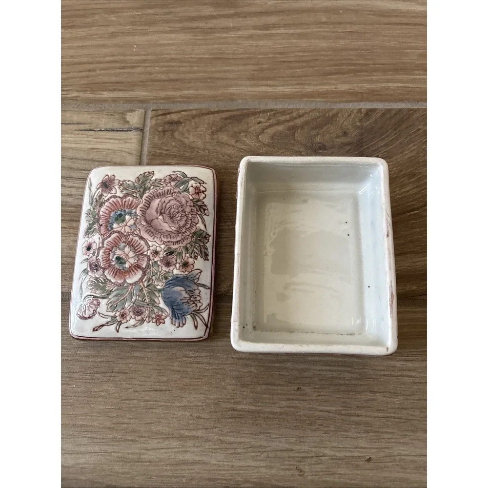 Pink Purple Peach Floral Embossed Ceramic Trinket Dish Jewelry Box Asian 5